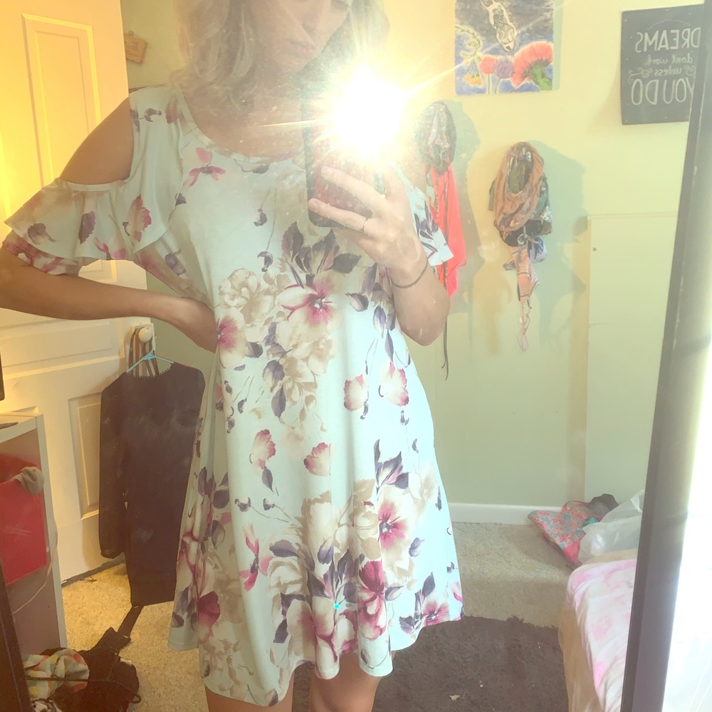 Super cute floral frill cute out shoulder dress